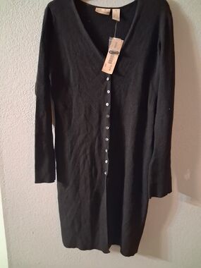 Apostrophe Black Long Ribbed Button-Front Cardigan